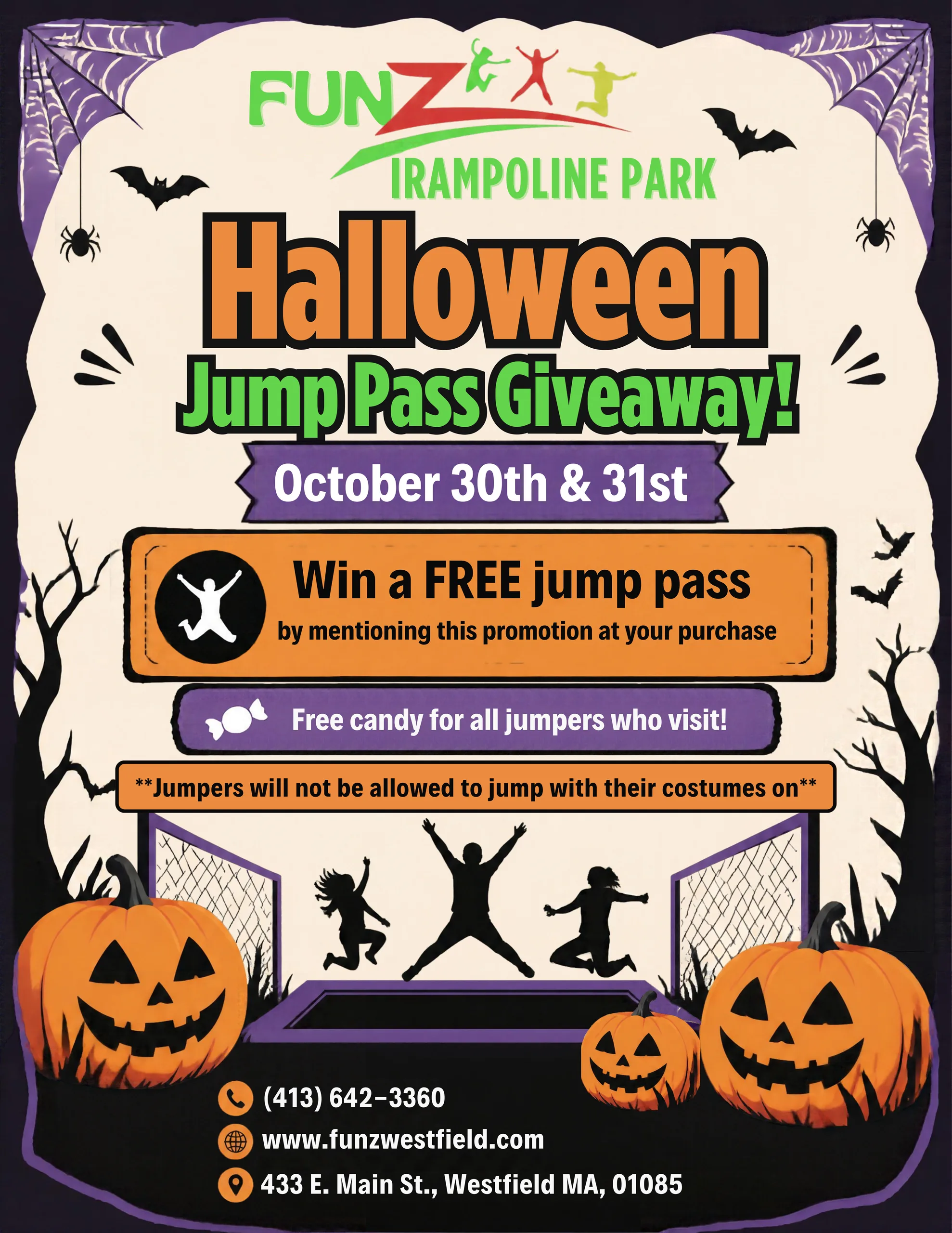Halloween Jump Pass Giveaway, October 30 and 31: win a free jump pass by mentioning this promotion at purchase, free candy for all jumpers